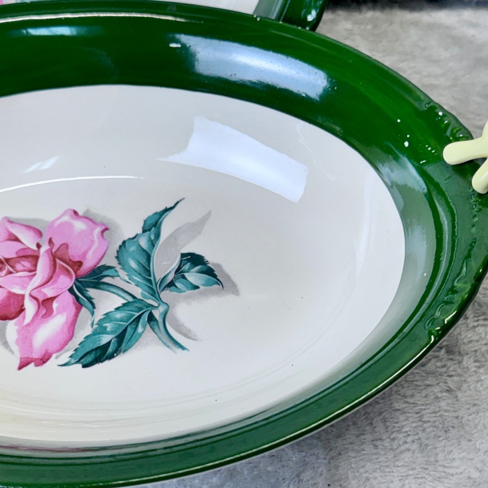 Vintage Nautilus Rose Oval Bowls Grannycore Set of 2 Green Rim Floral Made USA - Picture 9 of 12